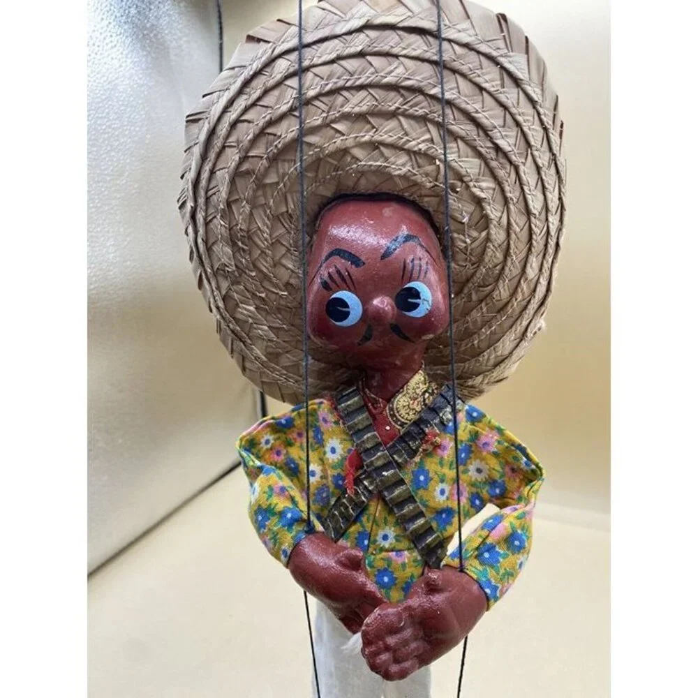 Mexican Marionette String Puppet Sombrero Ammo Belt 2 Handle Toy Doll Figure